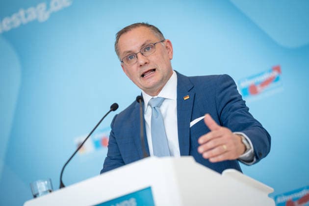 Party and parliamentary group leader Tino Chrupalla during the press statement at parliamentary group level in the German Bundestag Press statement by the AfD party and parliamentary group leader in the German Bundestag at the beginning of the session week, Berlin Berlin Germany Bundestag