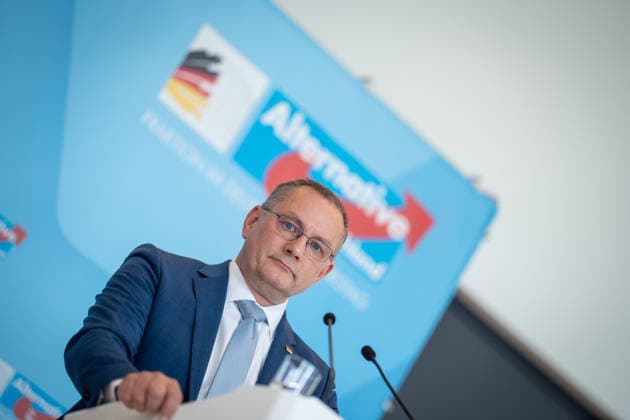 Party and parliamentary group leader Tino Chrupalla during the press statement at parliamentary group level in the German Bundestag Press statement by the AfD party and parliamentary group leader in the German Bundestag at the beginning of the session week, Berlin Berlin Germany Bundestag