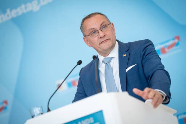 Party and parliamentary group leader Tino Chrupalla during the press statement at parliamentary group level in the German Bundestag Press statement by the AfD party and parliamentary group leader in the German Bundestag at the beginning of the session week, Berlin Berlin Germany Bundestag