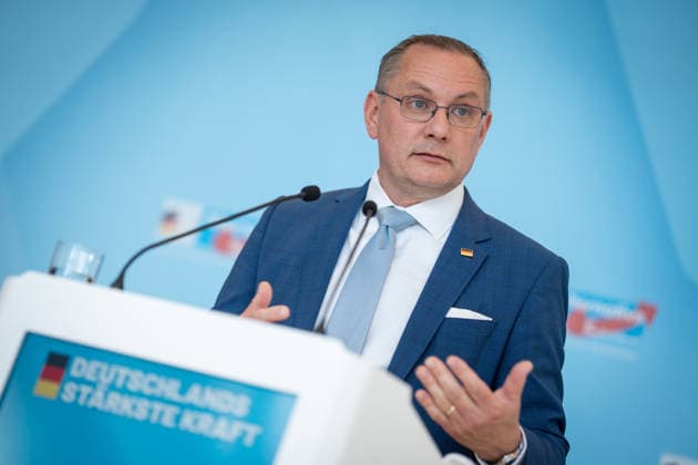 Party and parliamentary group leader Tino Chrupalla during the press statement at parliamentary group level in the German Bundestag Press statement by the AfD party and parliamentary group leader in the German Bundestag at the beginning of the session week, Berlin Berlin Germany Bundestag