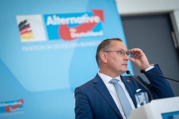 Party and parliamentary group leader Tino Chrupalla during the press statement at parliamentary group level in the German Bundestag Press statement by the AfD party and parliamentary group leader in the German Bundestag at the beginning of the session week, Berlin Berlin Germany Bundestag