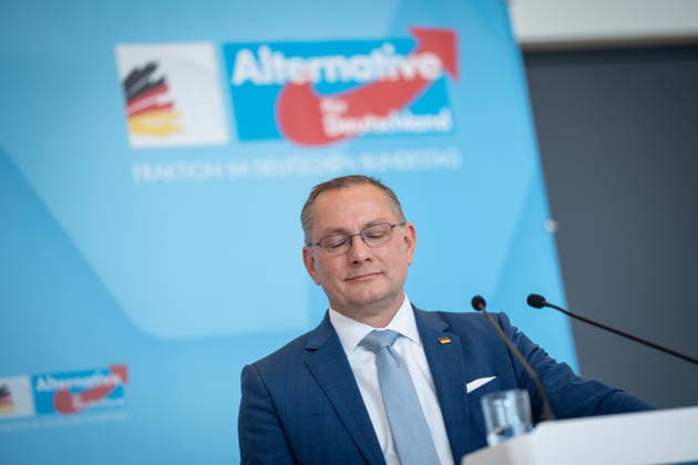 Party and parliamentary group leader Tino Chrupalla during the press statement at parliamentary group level in the German Bundestag Press statement by the AfD party and parliamentary group leader in the German Bundestag at the beginning of the session week, Berlin Berlin Germany Bundestag