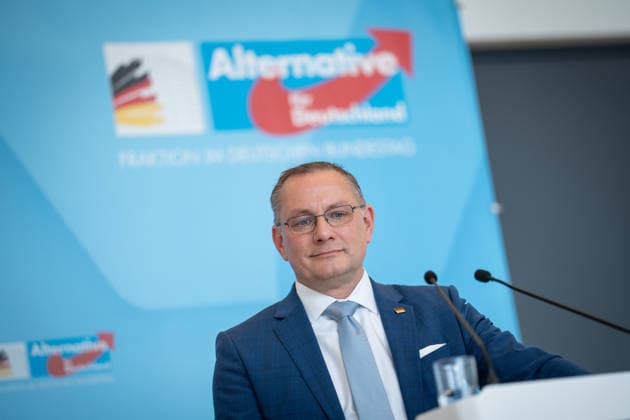 Party and parliamentary group leader Tino Chrupalla during the press statement at parliamentary group level in the German Bundestag Press statement by the AfD party and parliamentary group leader in the German Bundestag at the beginning of the session week, Berlin Berlin Germany Bundestag