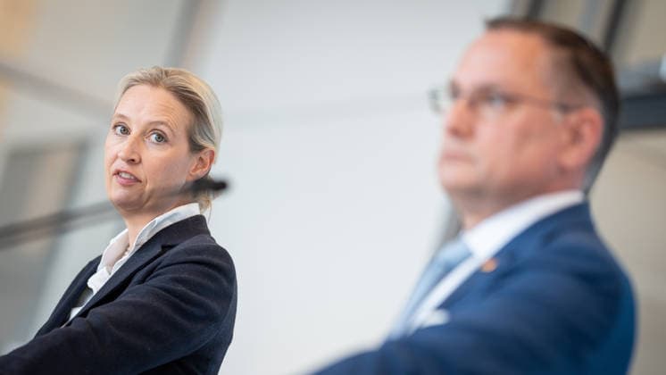 Party and parliamentary group leaders Alice Weidel and Tino Chrupalla during the press statement at the parliamentary group level of the German Bundestag Press statement by the AfD party and parliamentary group leaders in the German Bundestag at the beginning of the session week, Berlin Berlin Germany Bundestag