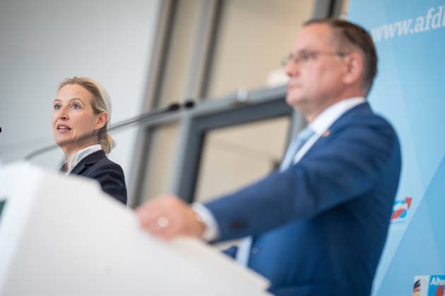 Party and parliamentary group leaders Alice Weidel and Tino Chrupalla during the press statement at the parliamentary group level of the German Bundestag Press statement by the AfD party and parliamentary group leaders in the German Bundestag at the beginning of the session week, Berlin Berlin Germany Bundestag