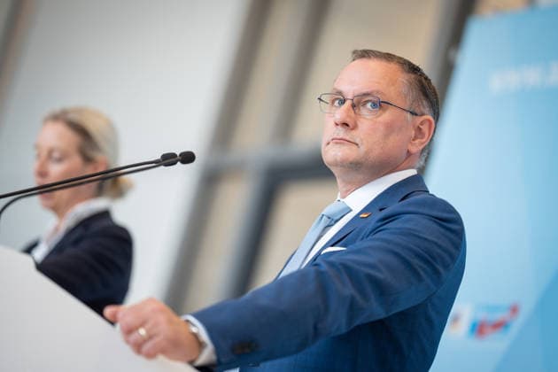 Party and parliamentary group leaders Alice Weidel and Tino Chrupalla during the press statement at the parliamentary group level of the German Bundestag Press statement by the AfD party and parliamentary group leaders in the German Bundestag at the beginning of the session week, Berlin Berlin Germany Bundestag