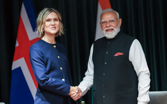 PM Modi holds a meeting with Iceland PM Kristrun Frostadottir Oslo Norway , May 19 (ANI): Prime Minister Narendra Modi exchanges a handshake with Iceland Prime Minister Kristrun Frostadottir during a bilateral meeting ahead of India-Nordic Summit, in Oslo on Tuesday. (Narendra Modi Photo Gallery ANI Photo) Oslo Norway Copyright: xANIx ANI_20260519107