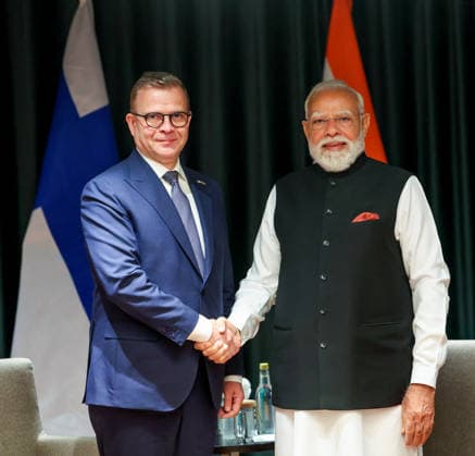 RECORD DATE NOT STATED PM Modi holds a meeting with Finnish PM Petteri Orpo Oslo Norway , May 19 (ANI): Prime Minister Narendra Modi exchanges a handshake with Finnish Prime Minister Petteri Orpo during a bilateral meeting ahead of India-Nordic Summit, in Oslo on Tuesday. (Narendra Modi Photo Gallery ANI Photo) Oslo Norway Copyright: xANIx ANI_20260519141