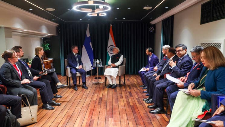 RECORD DATE NOT STATED PM Modi holds a meeting with Finnish PM Petteri Orpo Oslo Norway , May 19 (ANI): Prime Minister Narendra Modi holds a bilateral meeting with Finnish Prime Minister Petteri Orpo ahead of India-Nordic Summit, in Oslo on Tuesday. Finland Foreign Minister Elina Valtonen, External Affairs Minister S. Jaishankar, National Security Advisor Ajit Doval, Foreign Secretary Vikram Misri and Secretary West Amb Sibi George also present. (Narendra Modi Photo Gallery ANI Photo) Oslo Norway Copyright: xANIx ANI_20260519142
