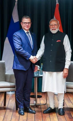 RECORD DATE NOT STATED PM Modi holds a meeting with Finnish PM Petteri Orpo Oslo Norway , May 19 (ANI): Prime Minister Narendra Modi exchanges a handshake with Finnish Prime Minister Petteri Orpo during a bilateral meeting ahead of India-Nordic Summit, in Oslo on Tuesday. (Narendra Modi Photo Gallery ANI Photo) Oslo Norway Copyright: xANIx ANI_20260519144