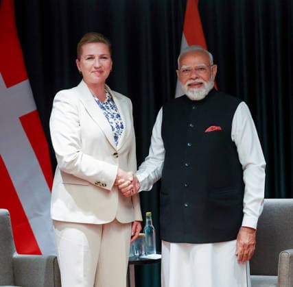 RECORD DATE NOT STATED PM Modi holds a meeting with Denmark PM Mette Frederiksen Oslo Norway , May 19 (ANI): Prime Minister Narendra Modi exchanges a handshake with Denmark Prime Minister Mette Frederiksen during a bilateral meeting ahead of India-Nordic Summit, in Oslo on Tuesday. (Narendra Modi Photo Gallery ANI Photo) Oslo Norway Copyright: xANIx ANI_20260519186