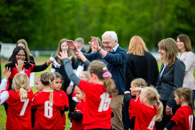 19 05 2026 Frank Walter Steinmeier in Herzebrock Clarholz On the occasion of the Germany-wide day of honor for the birthday of the Basic Law, the Federal President visits numerous hands-on activities nationwide here at the club grounds of Herzebrocker SV in Herzebrock Clarholz with children of the club , Herzebrock North Rhine-Westphalia Germany Herzebrocker Sports Club