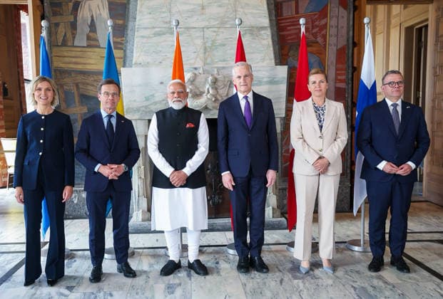 RECORD DATE NOT STATED PM Modi participates in the 3rd India-Nordic Summit Oslo Norway , May 19 (ANI): Prime Minister Narendra Modi in a group photo with Finnish Prime Minister Petteri Orpo, Denmark Prime Minister Mette Frederiksen, Iceland Prime Minister Kristrun Frostadottir, Norway Prime Minister Jonas Gahr Store, Swedish Prime Minister Ulf Kristersson, during the 3rd India-Nordic Summit, in Oslo on Tuesday. (@narendramodi X ANI Photo) Oslo Norway Copyright: xANIx ANI_20260519309