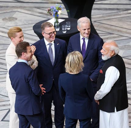 RECORD DATE NOT STATED PM Modi participates in the 3rd India-Nordic Summit Oslo Norway , May 19 (ANI): Prime Minister Narendra Modi interacts with Finnish Prime Minister Petteri Orpo, Denmark Prime Minister Mette Frederiksen, Iceland Prime Minister Kristrun Frostadottir, Norway Prime Minister Jonas Gahr Store, Swedish Prime Minister Ulf Kristersson, during the 3rd India-Nordic Summit, in Oslo on Tuesday. (@narendramodi X ANI Photo) Oslo Norway Copyright: xANIx ANI_20260519310