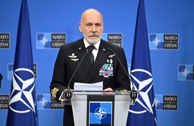 NATO Military Committee in Chiefs of Defence Session in Brussels BRUSSELS, BELGIUM - MAY 19: Chairman of the Military Committee (CMC) Admiral Giuseppe Cavo Dragone speaks during a joint press conference at the NATO Headquarters in Brussels, Belgium on May 19, 2026. The media briefing follows the NATO Military Committee in Chiefs of Defence Session, which also featured Commander of Supreme Allied Command Europe (SACEUR) General Alexus G. Grynkewich and Supreme Allied Commander Transformation (SACT) Admiral Pierre Vandier addressing regional security issues. Dursun Aydemir Anadolu Brussels Belgium. Editorial use only. Please get in touch for any other usage.  Copyright: x2026xAnadoluxDursunxAydemirx