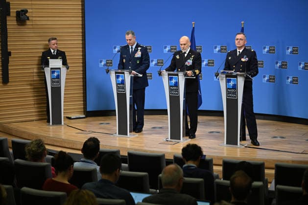 NATO Military Committee in Chiefs of Defence Session in Brussels BRUSSELS, BELGIUM - MAY 19: (L-R) Supreme Allied Commander Europe (SACEUR) General Alexus G. Grynkewich, Chairman of the NATO Military Committee (CMC) Admiral Giuseppe Cavo Dragone, and Supreme Allied Commander Transformation (SACT) Admiral Pierre Vandier hold a joint press conference at the NATO Headquarters in Brussels, Belgium on May 19, 2026. The top military officials address the media following the NATO Military Committee in Chiefs of Defence Session to discuss collective defense strategies, deterrence, and the security challenges facing the alliance. Dursun Aydemir Anadolu Brussels Belgium. Editorial use only. Please get in touch for any other usage.  Copyright: x2026xAnadoluxDursunxAydemirx