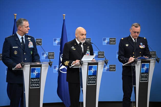 NATO Military Committee in Chiefs of Defence Session in Brussels BRUSSELS, BELGIUM - MAY 19: (L-R) Supreme Allied Commander Europe (SACEUR) General Alexus G. Grynkewich, Chairman of the NATO Military Committee (CMC) Admiral Giuseppe Cavo Dragone, and Supreme Allied Commander Transformation (SACT) Admiral Pierre Vandier hold a joint press conference at the NATO Headquarters in Brussels, Belgium on May 19, 2026. The top military officials address the media following the NATO Military Committee in Chiefs of Defence Session to discuss collective defense strategies, deterrence, and the security challenges facing the alliance. Dursun Aydemir Anadolu Brussels Belgium. Editorial use only. Please get in touch for any other usage.  Copyright: x2026xAnadoluxDursunxAydemirx