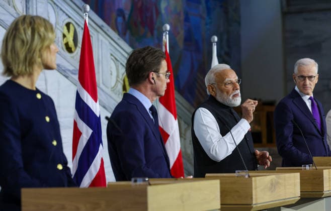 Politics, Diplomacy, Government PM meeting with the Prime Minister of Denmark, Ms. Mette Frederiksen in Oslo, Norway on May 19, 2026. India and the Nordic nations come together with a shared vision for innovation, green growth and global partnership as PM Narendra Modi meets Nordic leaders at the India Nordic Summit. Norway Copyright: xSeshadrixSukumarx