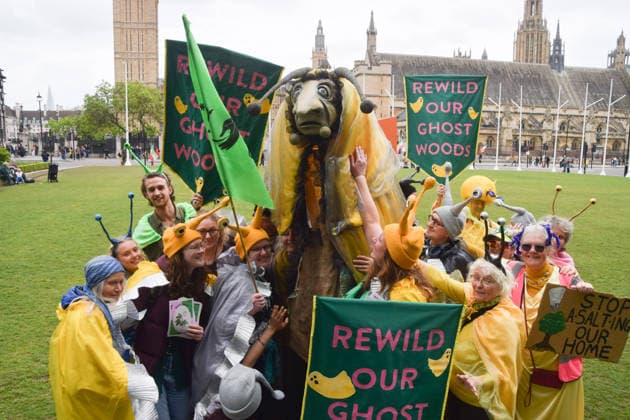 May 19, 2026, London, England, United Kingdom: Activists wearing slug costumes gather in Parliament Square during the march for ancient woodland restoration. Organised by the campaign group Wild Card, the protesters marched to the Department for Environment, Food and Rural Affairs (DEFRA) calling on the government to restore so-called ghost woods , remains of ancient ecosystems buried beneath timber plantations.Parliament Square during the march for ancient woodland restoration. Organised by the campaign group Wild Card, the protesters marched to the Department for Environment, Food and Rural Affairs (DEFRA) calling on the government to restore so-called ghost woods , remains of ancient ecosystems buried beneath timber plantations. Londo - ZUMAv130 20260519_zip_v130_048 Copyright: xVukxValcicx