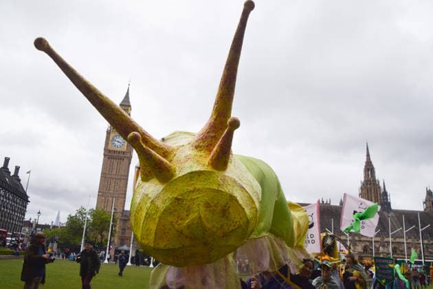 May 19, 2026, London, England, United Kingdom: Activists hold a large model slug in Parliament Square during the march for ancient woodland restoration. Organised by the campaign group Wild Card, the protesters marched to the Department for Environment, Food and Rural Affairs (DEFRA) calling on the government to restore so-called ghost woods , remains of ancient ecosystems buried beneath timber plantations. London United Kingdom - ZUMAv130 20260519_zip_v130_052 Copyright: xVukxValcicx