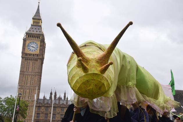 May 19, 2026, London, England, United Kingdom: Activists hold a large model slug in Parliament Square during the march for ancient woodland restoration. Organised by the campaign group Wild Card, the protesters marched to the Department for Environment, Food and Rural Affairs (DEFRA) calling on the government to restore so-called ghost woods , remains of ancient ecosystems buried beneath timber plantations. London United Kingdom  - ZUMAv130 20260519_zip_v130_051 Copyright: xVukxValcicx