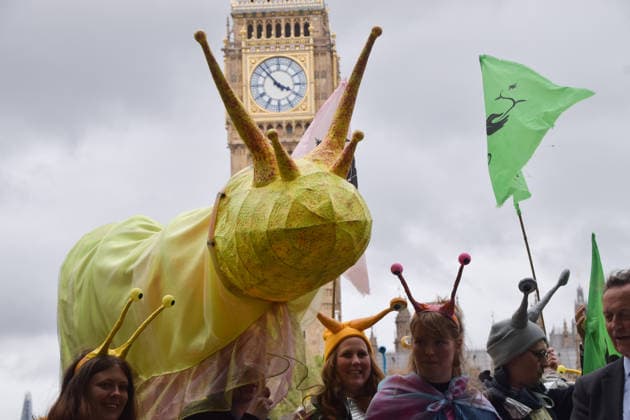 May 19, 2026, London, England, United Kingdom: Activists hold a large model slug in Parliament Square during the march for ancient woodland restoration. Organised by the campaign group Wild Card, the protesters marched to the Department for Environment, Food and Rural Affairs (DEFRA) calling on the government to restore so-called ghost woods , remains of ancient ecosystems buried beneath timber plantations. London United Kingdom - ZUMAv130 20260519_zip_v130_056 Copyright: xVukxValcicx