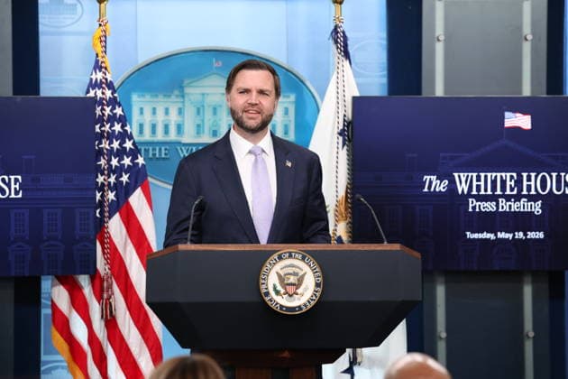 DC: White House Press Briefing with Vice President JD Vance U.S. Vice President JD Vance holds a press briefing in the James S. Brady Press Briefing Room at the White House on May 19, 2026 in Washington, D.C. (Photo by Samuel Corum Pool ABACAPRESS.COM) Washington, DC United States  Copyright: xPool ABACAx