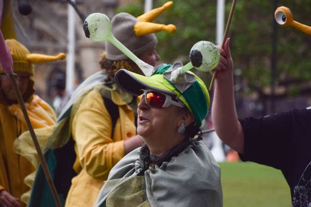 May 19, 2026, London, England, United Kingdom: Activists wearing slug costumes gather in Parliament Square during the march for ancient woodland restoration. Organised by the campaign group Wild Card, the protesters marched to the Department for Environment, Food and Rural Affairs (DEFRA) calling on the government to restore so-called ghost woods , remains of ancient ecosystems buried beneath timber plantations. London United Kingdom  - ZUMAv130 20260519_zip_v130_071 Copyright: xVukxValcicx