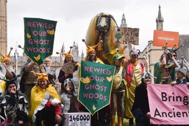 May 19, 2026, London, England, United Kingdom: Activists wearing slug costumes gather in Parliament Square during the march for ancient woodland restoration. Organised by the campaign group Wild Card, the protesters marched to the Department for Environment, Food and Rural Affairs (DEFRA) calling on the government to restore so-called ghost woods , remains of ancient ecosystems buried beneath timber plantations. London United Kingdom - ZUMAv130 20260519_zip_v130_067 Copyright: xVukxValcicx