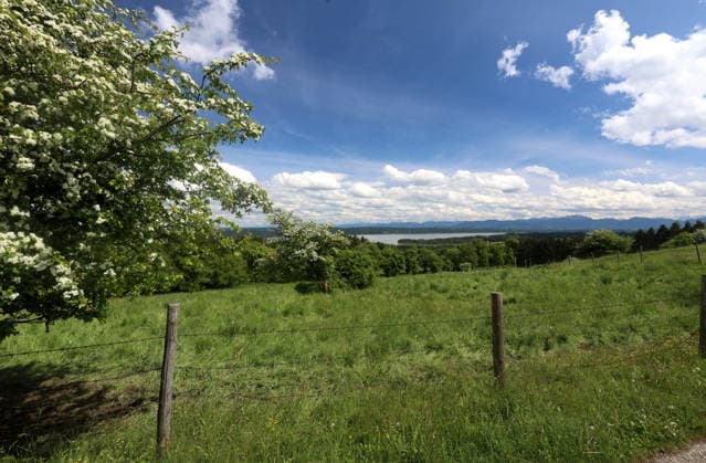 An early summer day near Tutzing, district of Starnberg Here the view from the Ilkahöhe to Lake Starnberg and the Alps ,hiking, walking, cycling, view, local recreation, Munich area, weather picture, excursion weather