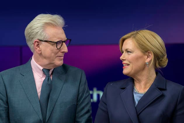 v l Theo Koll journalist and presenter , Julia Klöckner, CDU Bundestag president in conversation, GER, Berlin, studio, as a guest on - Maischberger, political talk show, TV, format, with presenter - Sandra Maischberger, Das Erste, from Adlershof - Am Studio 20, 19 May 2026, Copyright: HMBxMedia UwexKoch
