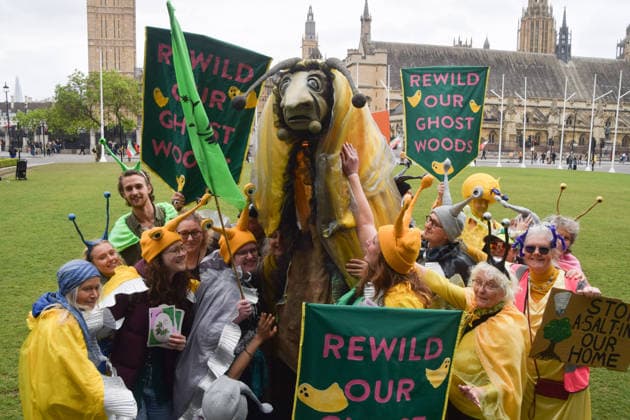 May 19, 2026, London, England, United Kingdom: Activists wearing slug costumes gather in Parliament Square during the march for ancient woodland restoration. Organised by the campaign group Wild Card, the protesters marched to the Department for Environment, Food and Rural Affairs (DEFRA) calling on the government to restore so-called ghost woods , remains of ancient ecosystems buried beneath timber plantations. London United Kingdom - ZUMAv130 20260519_zip_v130_094 Copyright: xVukxValcicx