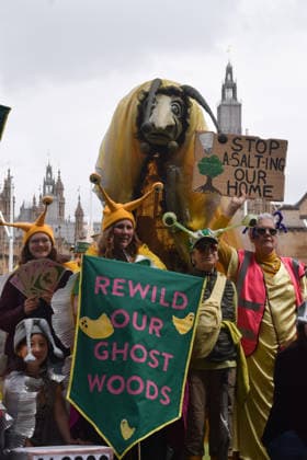May 19, 2026, London, England, United Kingdom: Activists wearing slug costumes gather in Parliament Square during the march for ancient woodland restoration. Organised by the campaign group Wild Card, the protesters marched to the Department for Environment, Food and Rural Affairs (DEFRA) calling on the government to restore so-called ghost woods , remains of ancient ecosystems buried beneath timber plantations. London United Kingdom - ZUMAv130 20260519_zip_v130_091 Copyright: xVukxValcicx