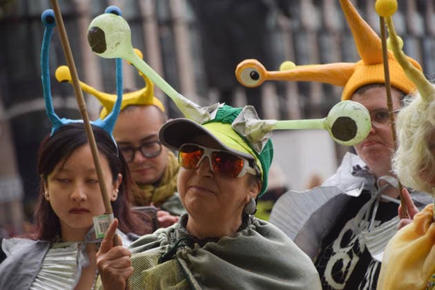 May 19, 2026, London, England, United Kingdom: Activists wearing slug costumes gather in Parliament Square during the march for ancient woodland restoration. Organised by the campaign group Wild Card, the protesters marched to the Department for Environment, Food and Rural Affairs (DEFRA) calling on the government to restore so-called ghost woods , remains of ancient ecosystems buried beneath timber plantations. London United Kingdom  - ZUMAv130 20260519_zip_v130_100 Copyright: xVukxValcicx