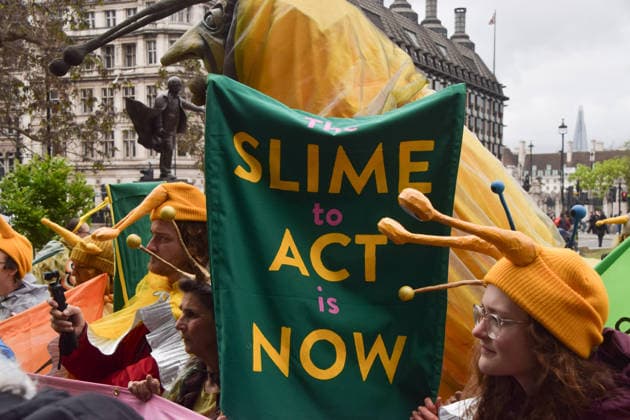 May 19, 2026, London, England, United Kingdom: Activists wearing slug costumes gather in Parliament Square during the march for ancient woodland restoration. Organised by the campaign group Wild Card, the protesters marched to the Department for Environment, Food and Rural Affairs (DEFRA) calling on the government to restore so-called ghost woods , remains of ancient ecosystems buried beneath timber plantations. London United Kingdom  - ZUMAv130 20260519_zip_v130_098 Copyright: xVukxValcicx