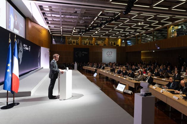 Emmanuel Macron attends the No Money for Terror conference - Paris French President Emmanuel Macron delivers a speech during the 5th No Money for Terror conference on the sidelines of the G7 finance ministers meeting aimed at cutting off financing of terrorism through organised crime, in Paris on May 19, 2026. Photo by Raphael Lafargue ABACAPRESS.COM Paris France  Copyright: xLafarguexRaphael ABACAx