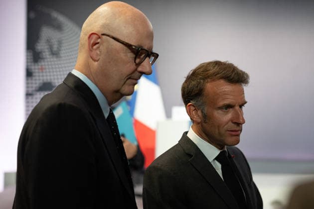 Emmanuel Macron attends the No Money for Terror conference - Paris French President Emmanuel Macron, French Minister of the Economy, Finance and Industrial, Energy and Digital Sovereignty Roland Lescure during the 5th No Money for Terror conference on the sidelines of the G7 finance ministers meeting aimed at cutting off financing of terrorism through organised crime, in Paris on May 19, 2026. Photo by Raphael Lafargue ABACAPRESS.COM Paris France  Copyright: xLafarguexRaphael ABACAx