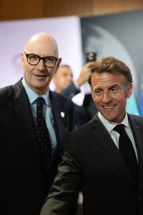 Emmanuel Macron attends the No Money for Terror conference - Paris French President Emmanuel Macron, French Minister of the Economy, Finance and Industrial, Energy and Digital Sovereignty Roland Lescure during the 5th No Money for Terror conference on the sidelines of the G7 finance ministers meeting aimed at cutting off financing of terrorism through organised crime, in Paris on May 19, 2026. Photo by Raphael Lafargue ABACAPRESS.COM Paris France  Copyright: xLafarguexRaphael ABACAx