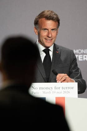 Emmanuel Macron attends the No Money for Terror conference - Paris French President Emmanuel Macron delivers a speech during the 5th No Money for Terror conference on the sidelines of the G7 finance ministers meeting aimed at cutting off financing of terrorism through organised crime, in Paris on May 19, 2026. Photo by Raphael Lafargue ABACAPRESS.COM Paris France  Copyright: xLafarguexRaphael ABACAx