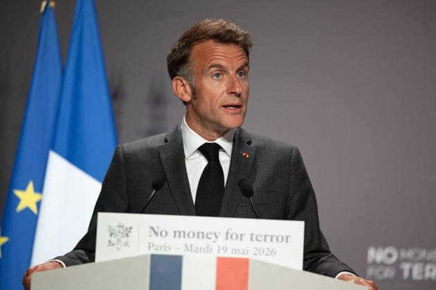 Emmanuel Macron attends the No Money for Terror conference - Paris French President Emmanuel Macron delivers a speech during the 5th No Money for Terror conference on the sidelines of the G7 finance ministers meeting aimed at cutting off financing of terrorism through organised crime, in Paris on May 19, 2026. Photo by Raphael Lafargue ABACAPRESS.COM Paris France  Copyright: xLafarguexRaphael ABACAx