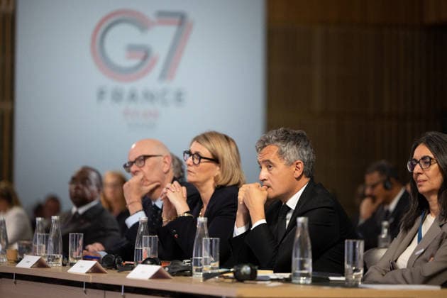 Emmanuel Macron attends the No Money for Terror conference - Paris French Minister of Justice Gerald Darmanin during the 5th No Money for Terror conference on the sidelines of the G7 finance ministers meeting aimed at cutting off financing of terrorism through organised crime, in Paris on May 19, 2026. Photo by Raphael Lafargue ABACAPRESS.COM Paris France  Copyright: xLafarguexRaphael ABACAx