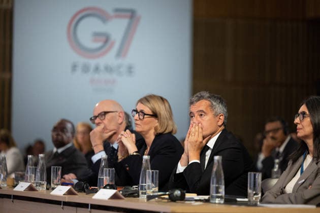 Emmanuel Macron attends the No Money for Terror conference - Paris French Minister of Justice Gerald Darmanin during the 5th No Money for Terror conference on the sidelines of the G7 finance ministers meeting aimed at cutting off financing of terrorism through organised crime, in Paris on May 19, 2026. Photo by Raphael Lafargue ABACAPRESS.COM Paris France  Copyright: xLafarguexRaphael ABACAx