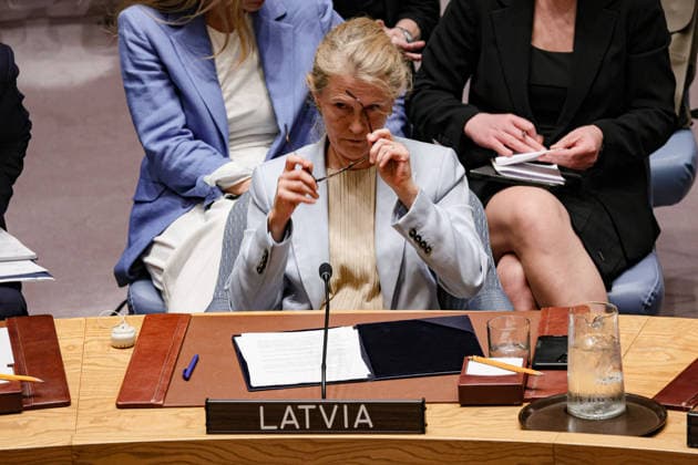 May 19, 2026, New York, New York, USA: SANITA PAVLUTA-DESLANDES, Permanent Representative of Latvia to the United Nations, attends a UN Security Council meeting on Ukraine at UNHQ, as Latvia rejects Russian accusations involving drone activity. New York USA  - ZUMAo116 20260519_znp_o116_003 Copyright: xBiancaxOterox