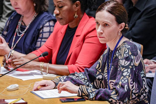 May 19, 2026, New York, New York, USA: KATRI LOHMUS, Deputy Permanent Representative of Estonia to the United Nations, attends a UN Security Council meeting on Ukraine at UNHQ, as members discuss the war in Ukraine and rising regional security concerns. EDEM WOSORNU, Director of the Crisis Response Division at OCHA, is seated next to her. New York USA - ZUMAo116 20260519_znp_o116_015 Copyright: xBiancaxOterox