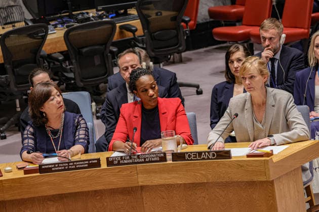 May 19, 2026, New York, New York, USA: ANNA JOHANNSDOTTIR, Permanent Representative of Iceland to the United Nations, attends a UN Security Council meeting on Ukraine at UNHQ, as members discuss the war, civilian protection and regional security concerns. EDEM WOSORNU, Director of the Crisis Response Division at OCHA, is seated next to her. New York USA - ZUMAo116 20260519_znp_o116_010 Copyright: xBiancaxOterox