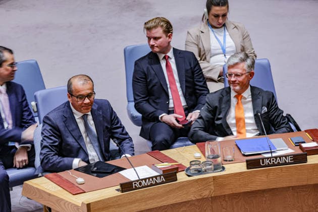 May 19, 2026, New York, New York, USA: CORNEL FERUTA, Permanent Representative of Romania sits next to ANDRIY MELNYK, Permanent Representative of Ukraine during a UN Security Council meeting on Ukraine at UNHQ, as members discuss the war in Ukraine and rising regional security concerns. New York USA - ZUMAo116 20260519_znp_o116_024 Copyright: xBiancaxOterox
