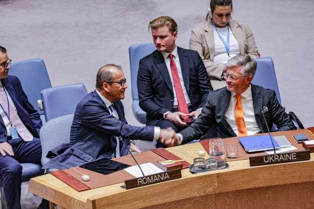 May 19, 2026, New York, New York, USA: CORNEL FERUTA, Permanent Representative of Romania shakes hands with ANDRIY MELNYK, Permanent Representative of Ukraine during a UN Security Council meeting on Ukraine at UNHQ, as members discuss the war in Ukraine and rising regional security concerns. New York USA - ZUMAo116 20260519_znp_o116_023 Copyright: xBiancaxOterox