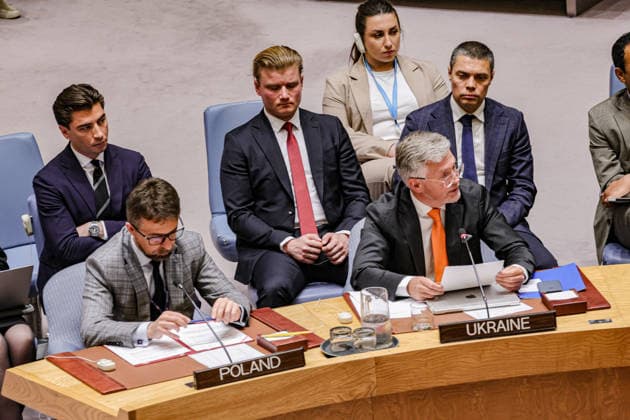 May 19, 2026, New York, New York, USA: MICHAL MIARKA Deputy Permanent Representative of Poland to the United Nations sits next to ANDRIY MELNYK, Permanent Representative of Ukraine as he speaks during a UN Security Council meeting on Ukraine at UNHQ, as members discuss the war in Ukraine and rising regional security concerns. New York USA - ZUMAo116 20260519_znp_o116_021 Copyright: xBiancaxOterox