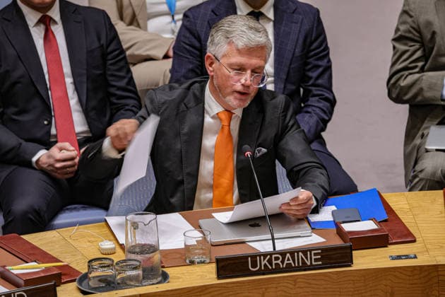 May 19, 2026, New York, New York, USA: ANDRIY MELNYK, Permanent Representative of Ukraine to the United Nations, flips the page of his speech as he speaks in a UN Security Council meeting on Ukraine at UNHQ, as members discuss the war and recent attacks on civilians and infrastructure. New York USA - ZUMAo116 20260519_znp_o116_006 Copyright: xBiancaxOterox