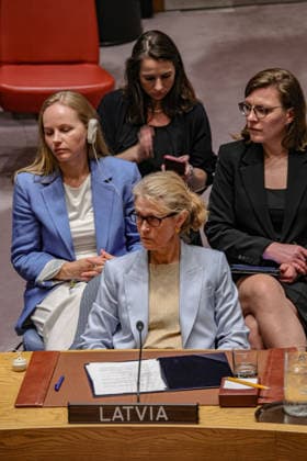 May 19, 2026, New York, New York, USA: SANITA PAVLUTA-DESLANDES, Permanent Representative of Latvia to the United Nations, attends a UN Security Council meeting on Ukraine at UNHQ, as Latvia rejects Russian accusations involving drone activity. New York USA - ZUMAo116 20260519_znp_o116_005 Copyright: xBiancaxOterox